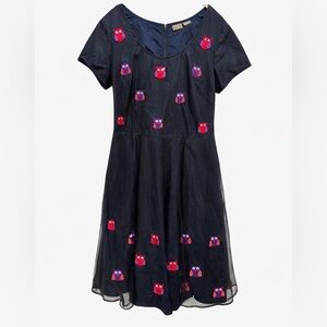 eShakti Owl Embroidered Mesh Black Dress Fit & Flare Custom Artsy Academic Sz L